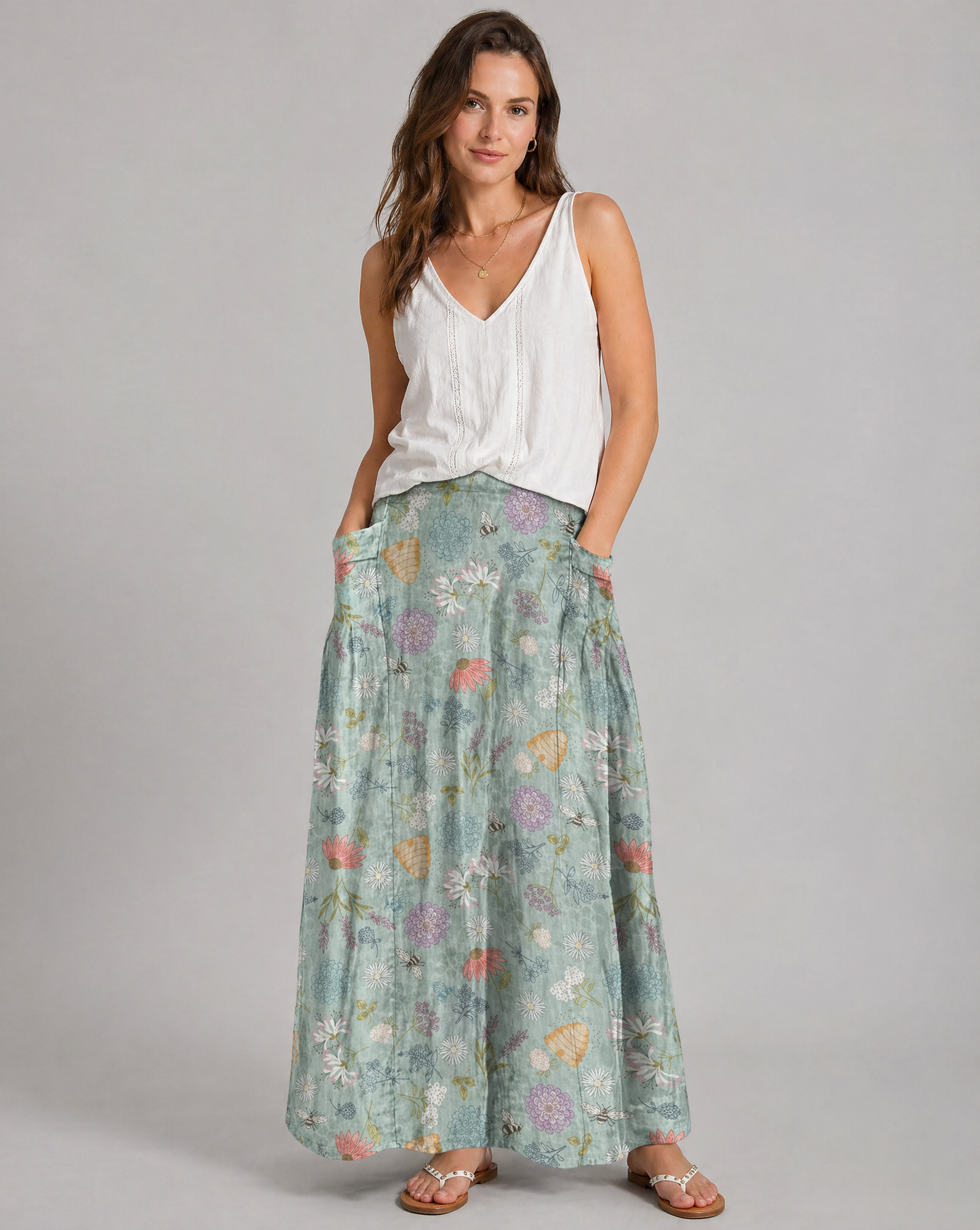 Women's Floral Bee Print A-Line Pocket Skirt