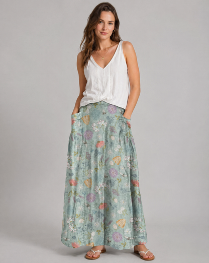 Women's Floral Bee Print A-Line Pocket Skirt