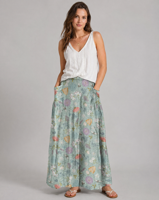 Women's Floral Bee Print A-Line Pocket Skirt