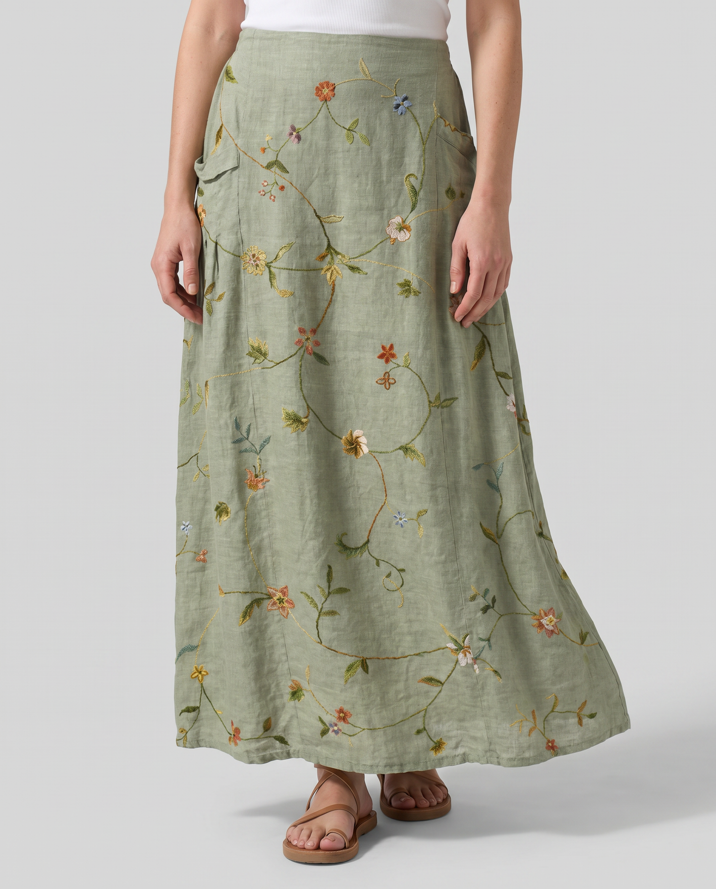 Gonna verde salvia con stampa floreale vintage e tasche