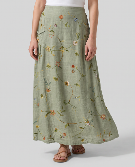 Salbeigrüner Vintage-Blumenrock mit Taschen