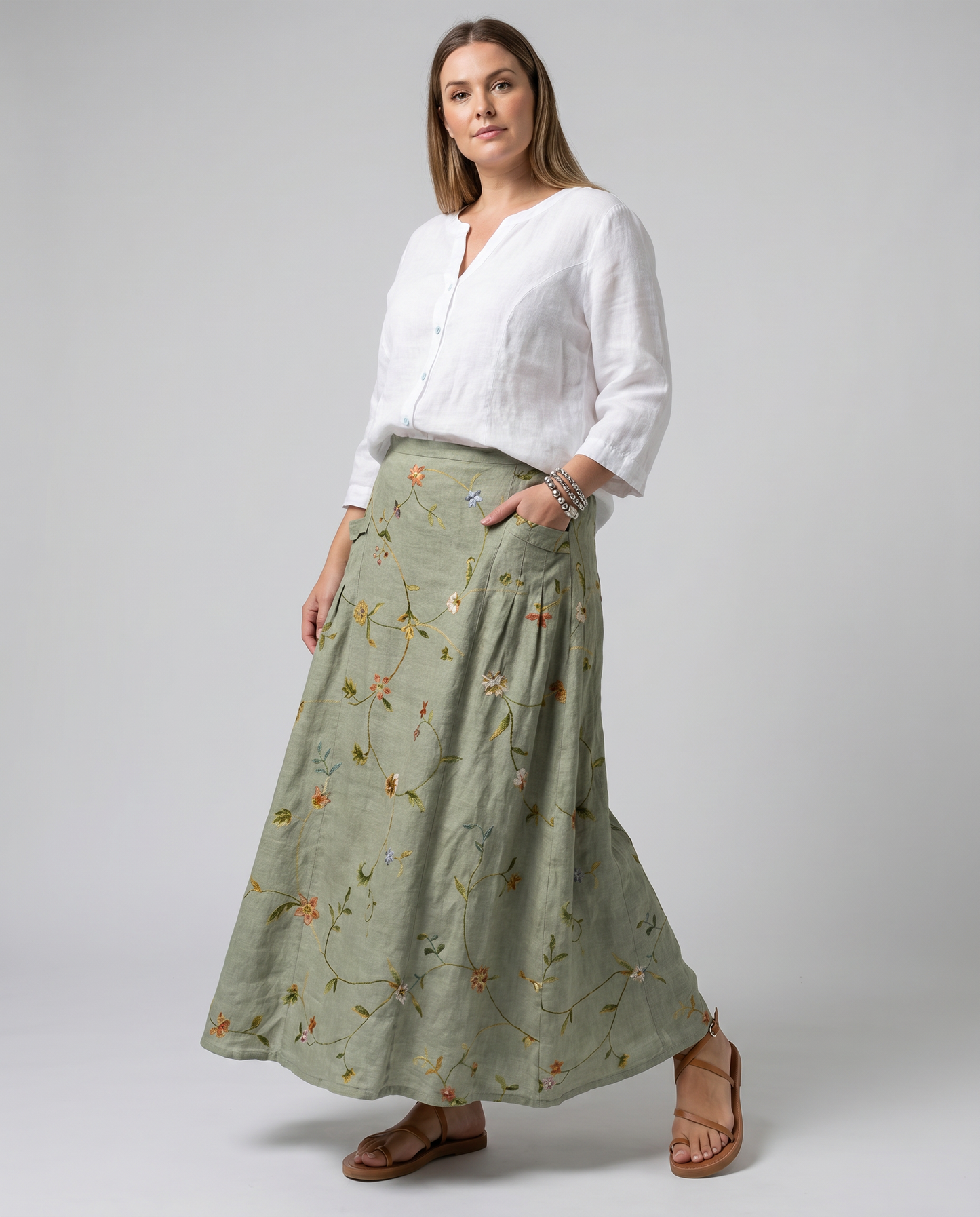 Gonna verde salvia con stampa floreale vintage e tasche
