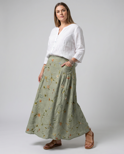 Gonna verde salvia con stampa floreale vintage e tasche