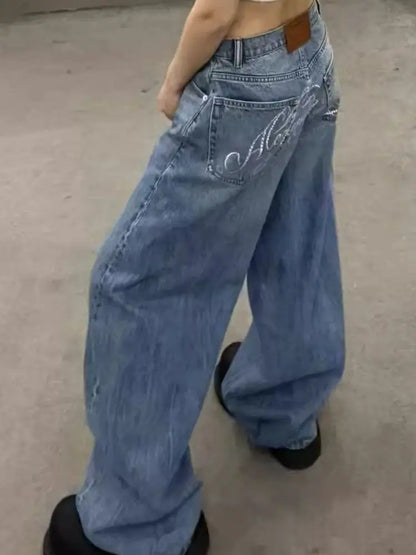 Gradient Spring 2026 Casual Blue Jeans Women Y2K Vintage High Waisted Jeans Straight Streetwear Loose Large Wide Leg Denim Pants 2