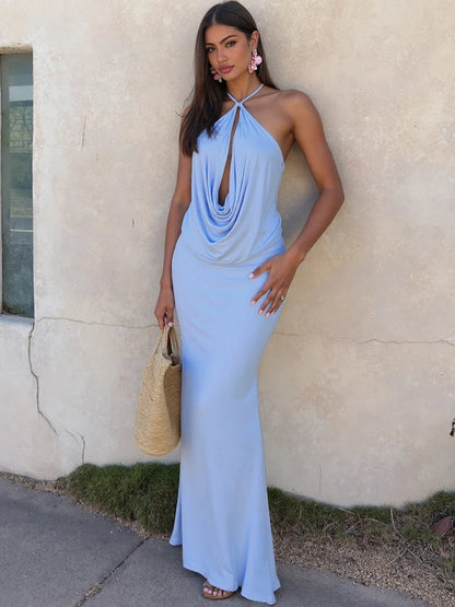 Halter Neck Maxi Dress – Draped Elegant Evening Dress for Women 1