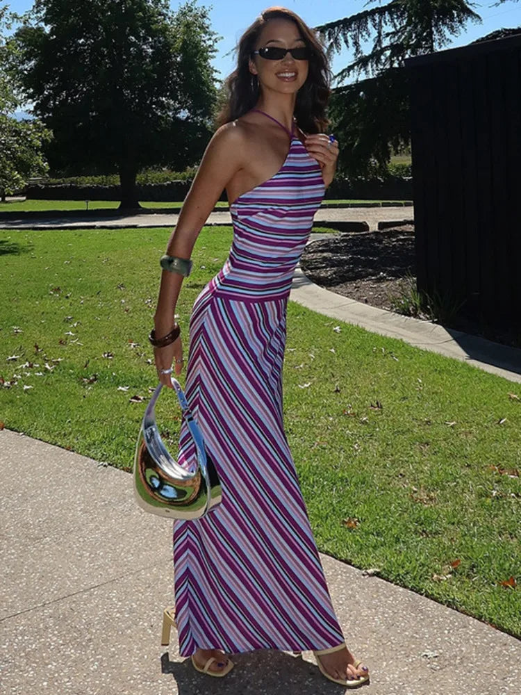 Halter Neck Maxi Dress – Striped Evening Silhouette Dress for Women 3