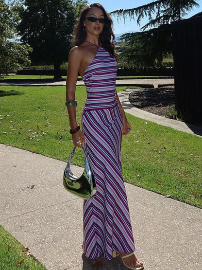 Halter Neck Maxi Dress – Striped Evening Silhouette Dress for Women 4