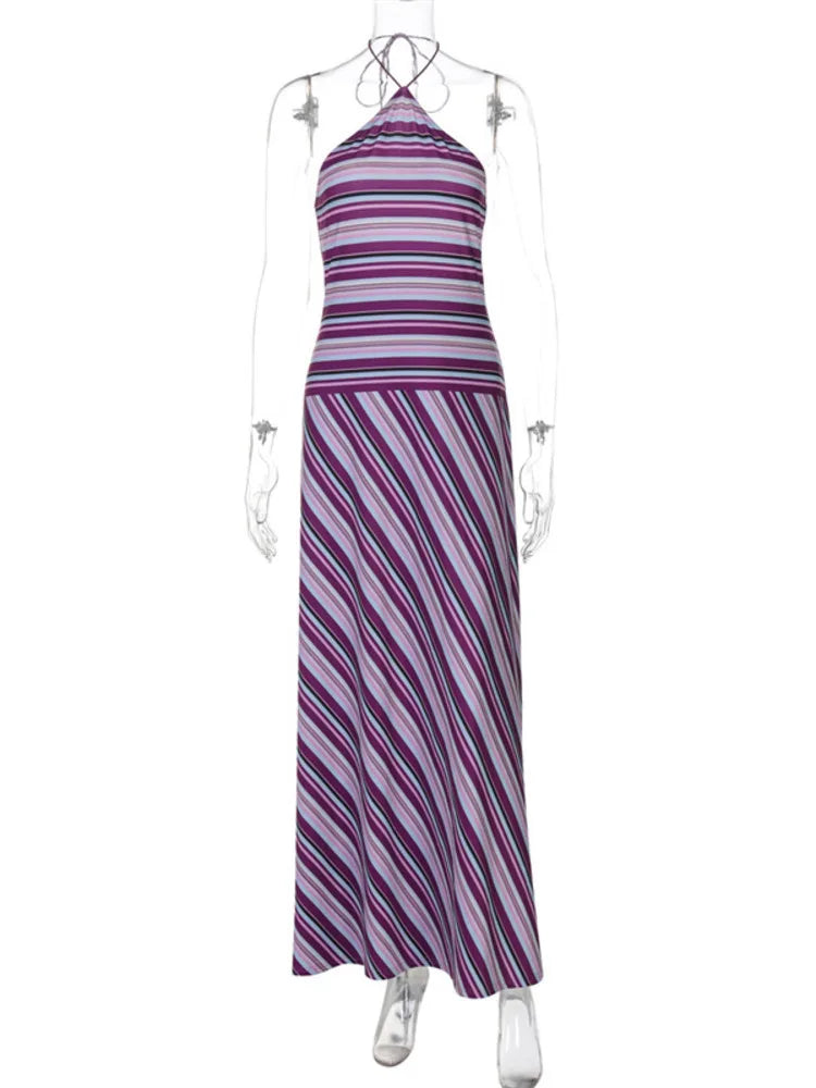 Halter Neck Maxi Dress – Striped Evening Silhouette Dress for Women 6