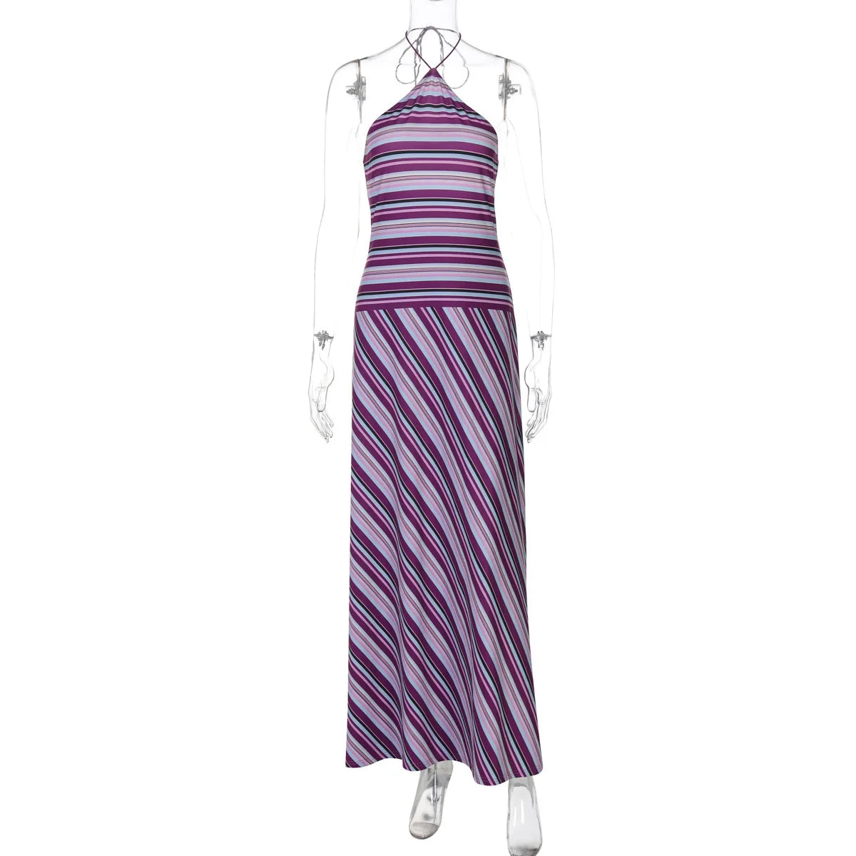Halter Neck Maxi Dress – Striped Evening Silhouette Dress for Women 7