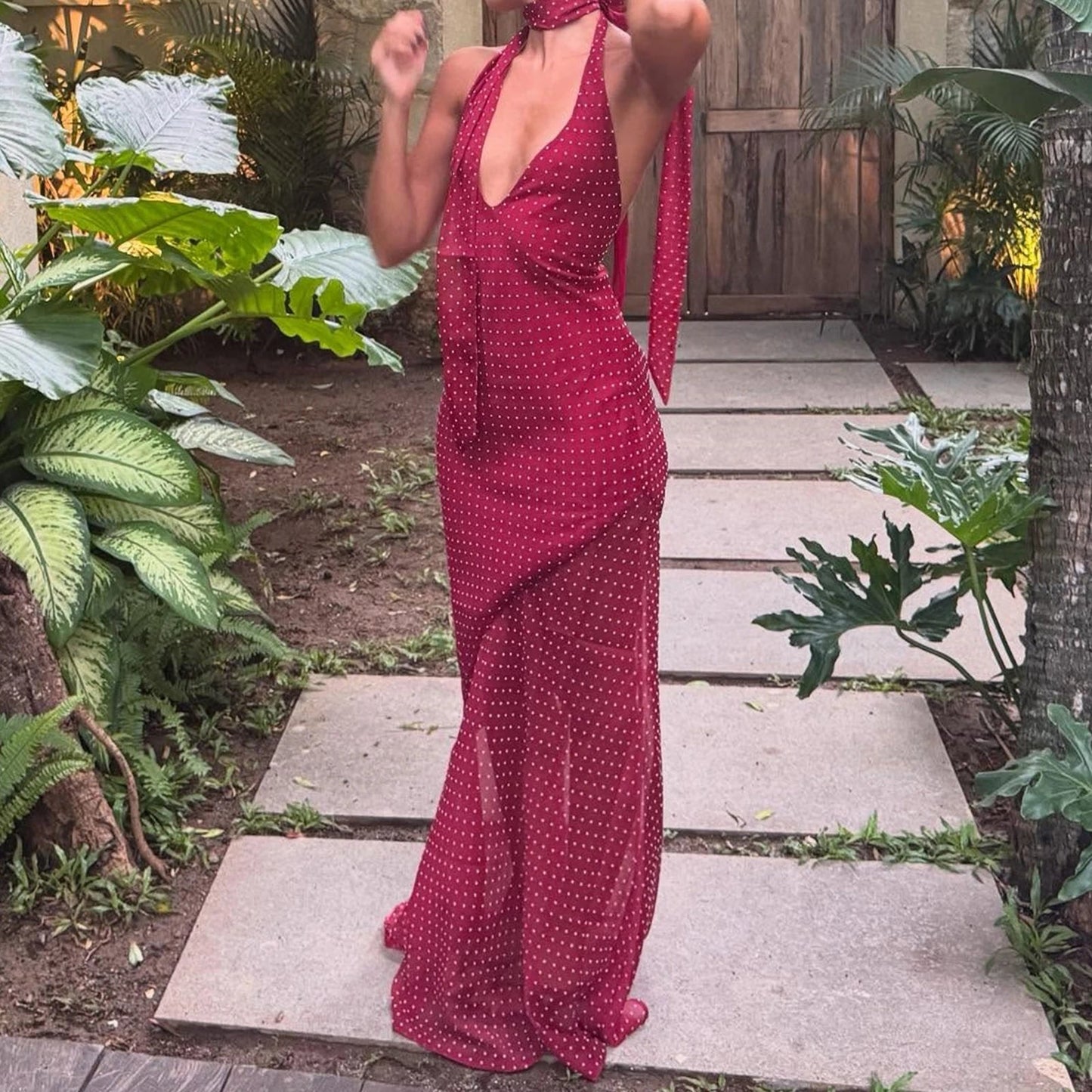Halter Neck Mesh Maxi Dress with Sheer Overlay Detail 5