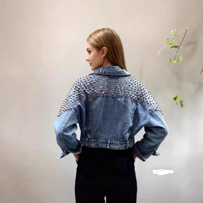 Heavyweight Women's Denim Jacket Spring Autumn Loose Long Sleeve Fashionable Nailhead Embellished Casual Comfortable Commute... 1