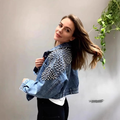 Heavyweight Women's Denim Jacket Spring Autumn Loose Long Sleeve Fashionable Nailhead Embellished Casual Comfortable Commute... 3