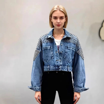 Heavyweight Women's Denim Jacket Spring Autumn Loose Long Sleeve Fashionable Nailhead Embellished Casual Comfortable Commute... 4