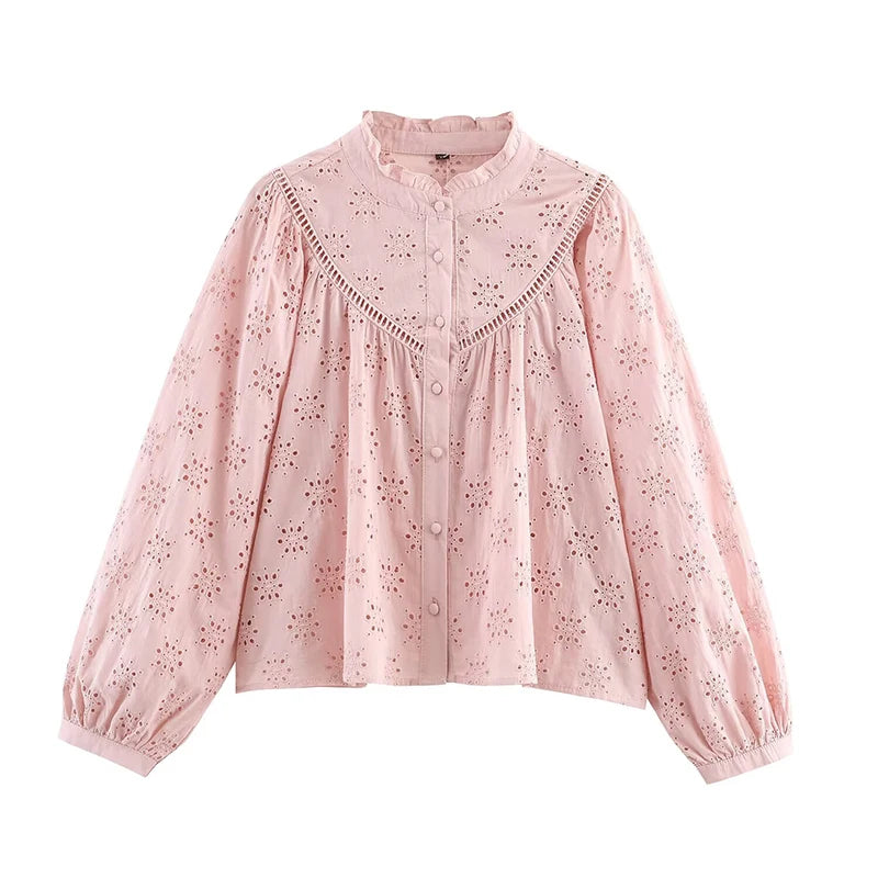 Hollow Out Embroidery Shirt For Women Long Sleeve Stand Collar Streetwear Casual  Autumn Blouse Loose Tops 0
