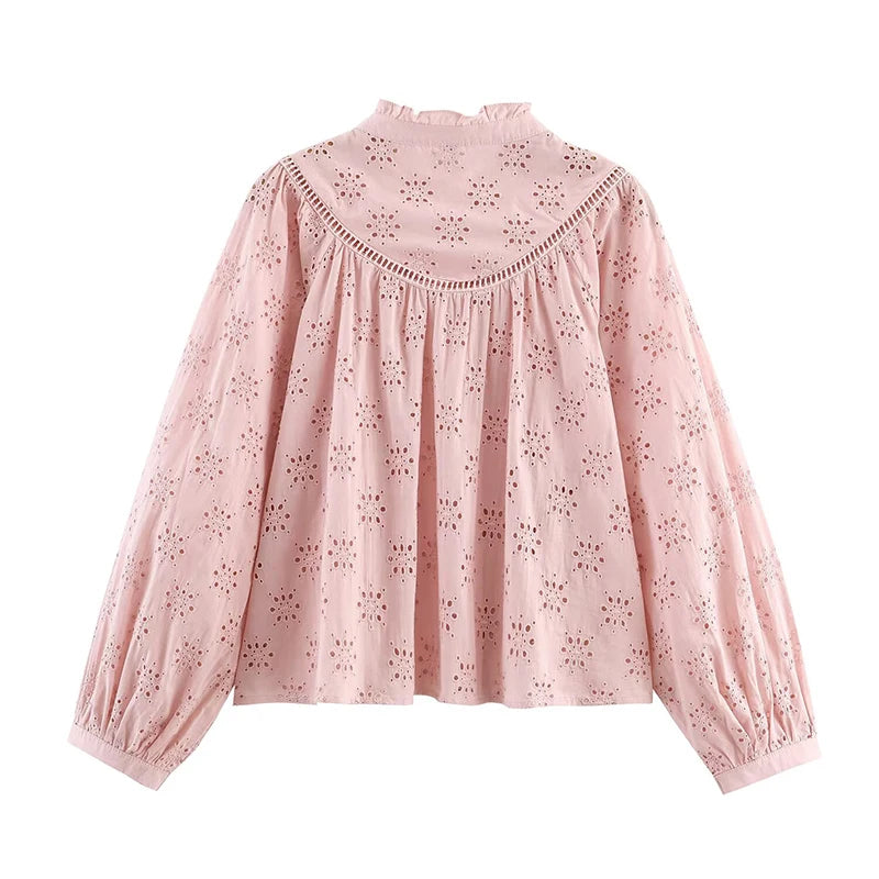 Hollow Out Embroidery Shirt For Women Long Sleeve Stand Collar Streetwear Casual  Autumn Blouse Loose Tops 1