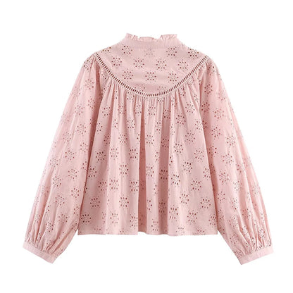 Hollow Out Embroidery Shirt For Women Long Sleeve Stand Collar Streetwear Casual  Autumn Blouse Loose Tops 1