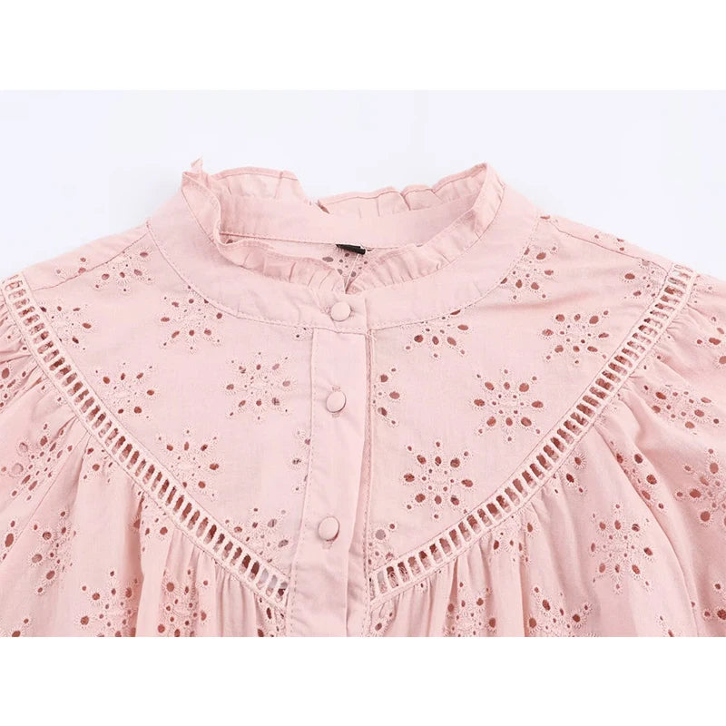 Hollow Out Embroidery Shirt For Women Long Sleeve Stand Collar Streetwear Casual  Autumn Blouse Loose Tops 2