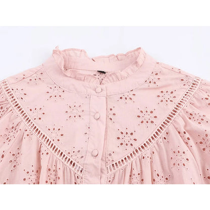 Hollow Out Embroidery Shirt For Women Long Sleeve Stand Collar Streetwear Casual  Autumn Blouse Loose Tops 2