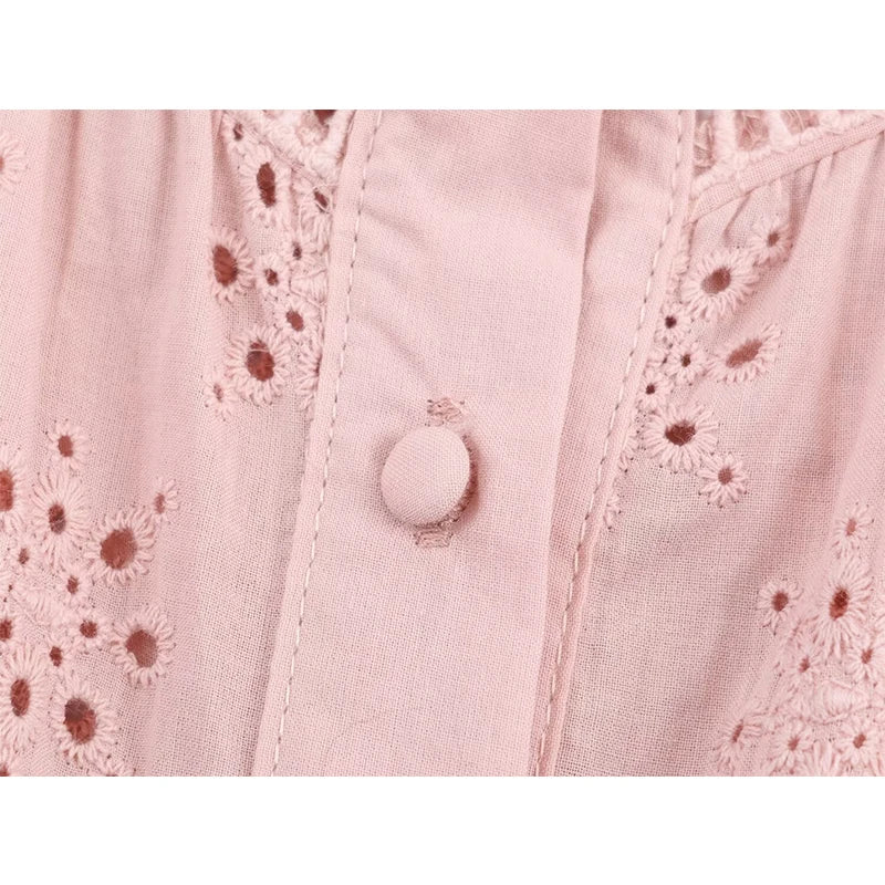 Hollow Out Embroidery Shirt For Women Long Sleeve Stand Collar Streetwear Casual  Autumn Blouse Loose Tops 3