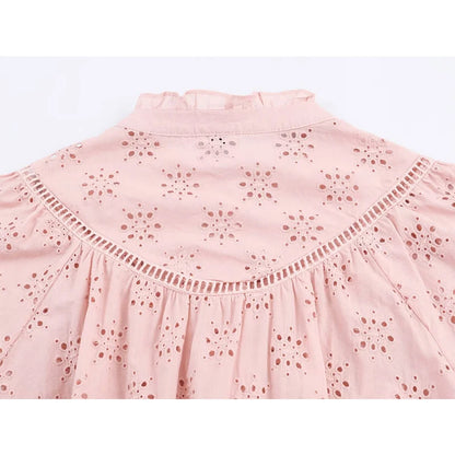 Hollow Out Embroidery Shirt For Women Long Sleeve Stand Collar Streetwear Casual  Autumn Blouse Loose Tops 5