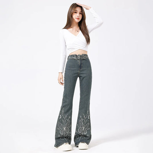 Jeans Women Y2k Pants High Waist Flared Trousers With Embroidery Design Vintage Retro Style Wide Leg Denim Bottoms For Ladies 0