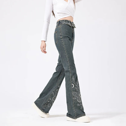 Jeans Women Y2k Pants High Waist Flared Trousers With Embroidery Design Vintage Retro Style Wide Leg Denim Bottoms For Ladies 2