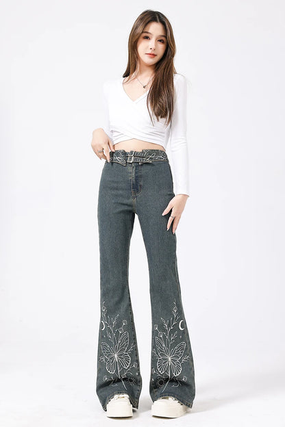 Jeans Women Y2k Pants High Waist Flared Trousers With Embroidery Design Vintage Retro Style Wide Leg Denim Bottoms For Ladies 3