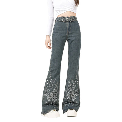 Jeans Women Y2k Pants High Waist Flared Trousers With Embroidery Design Vintage Retro Style Wide Leg Denim Bottoms For Ladies 4