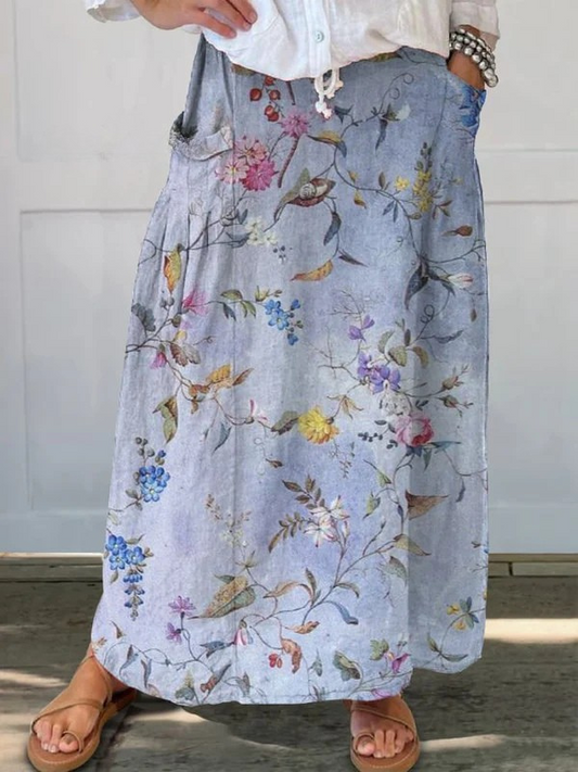 Jeda™ | Elegant Vintage Blue Print Pocket Skirt 0