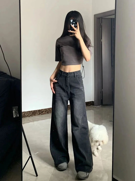 Korean Vintage High Waist Women's Jeans Y2K Slimming Pear-Shaped Loose Straight Bell Bottoms Black Gray Baggy Denim Trousers 0