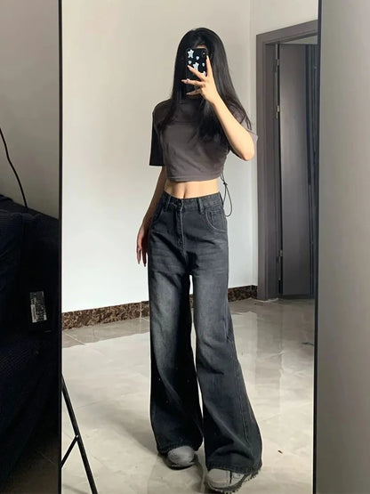 Korean Vintage High Waist Women's Jeans Y2K Slimming Pear-Shaped Loose Straight Bell Bottoms Black Gray Baggy Denim Trousers 1