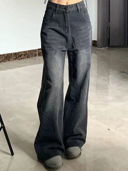 Korean Vintage High Waist Women's Jeans Y2K Slimming Pear-Shaped Loose Straight Bell Bottoms Black Gray Baggy Denim Trousers 3