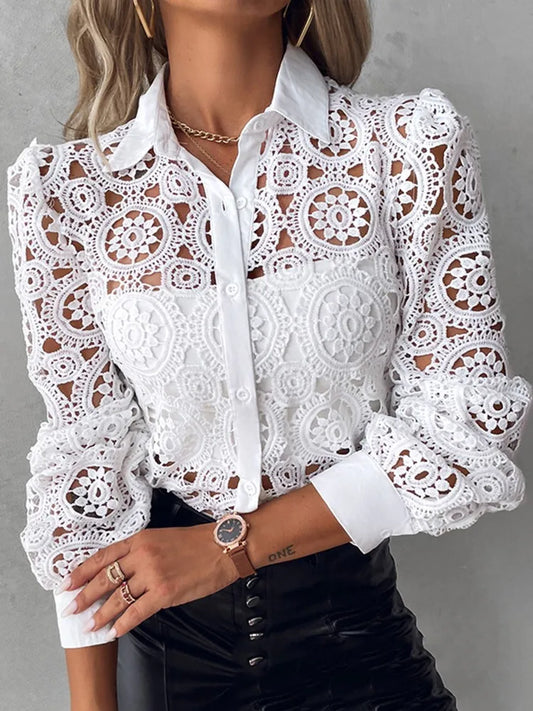 Lace Blouses For Women Elegant Office White Shirt Long Sleeve Button Turn-down Collar Sexy Hollow Tops Fashion Women's Clothing 0