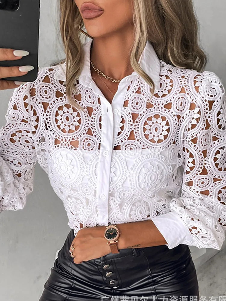 Lace Blouses For Women Elegant Office White Shirt Long Sleeve Button Turn-down Collar Sexy Hollow Tops Fashion Women's Clothing 2