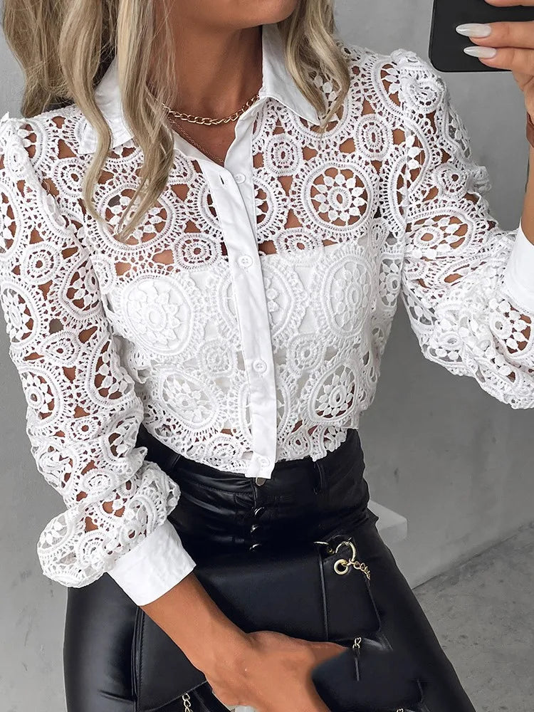 Lace Blouses For Women Elegant Office White Shirt Long Sleeve Button Turn-down Collar Sexy Hollow Tops Fashion Women's Clothing 3