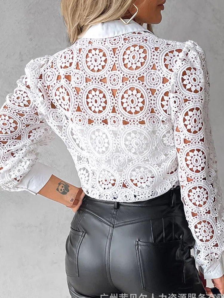 Lace Blouses For Women Elegant Office White Shirt Long Sleeve Button Turn-down Collar Sexy Hollow Tops Fashion Women's Clothing 4