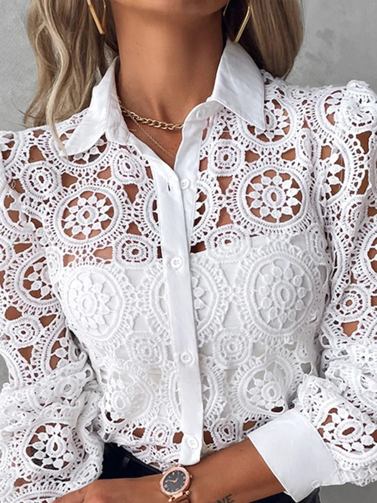 Lace Blouses For Women Elegant Office White Shirt Long Sleeve Button Turn-down Collar Sexy Hollow Tops Fashion Women's Clothing 5