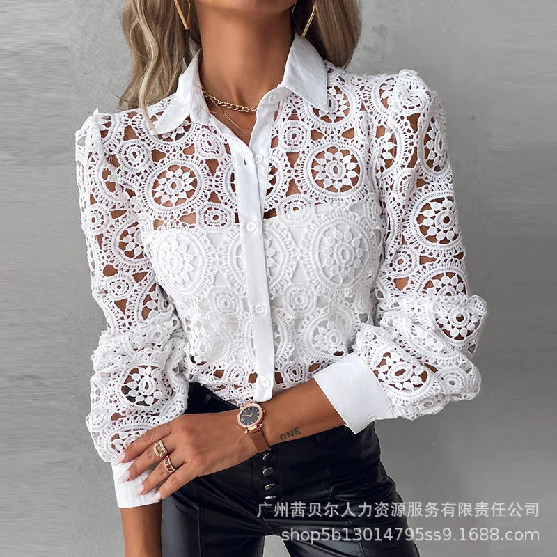 Lace Blouses For Women Elegant Office White Shirt Long Sleeve Button Turn-down Collar Sexy Hollow Tops Fashion Women's Clothing 6