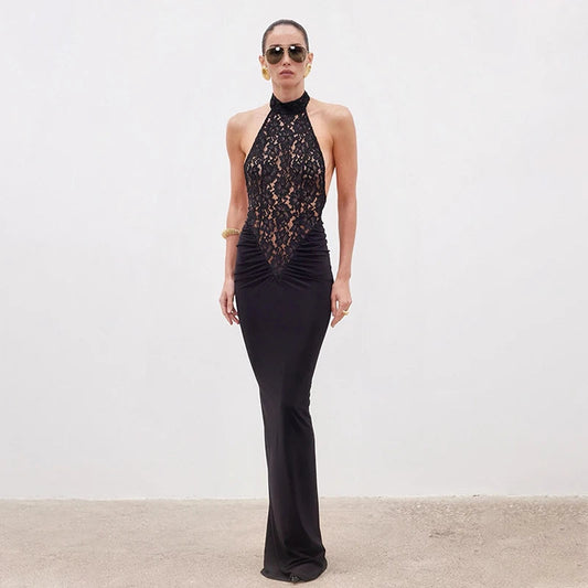 Lace Halter Maxi Dress – Sculpted Elegant Evening Dress for Women 0