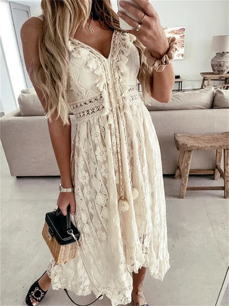 Lace Long Dress – Elegant Sleeveless V-Neck Summer Wedding Guest Outfit 2