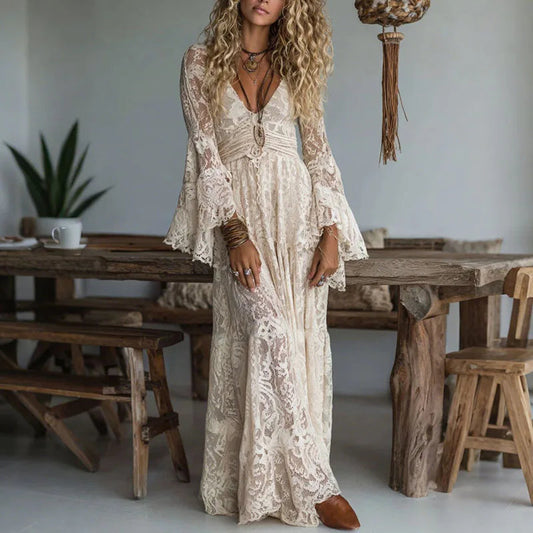 Lace Maxi Dress – Elegant Deep V Neck with Flare Sleeves for Formal Events 0