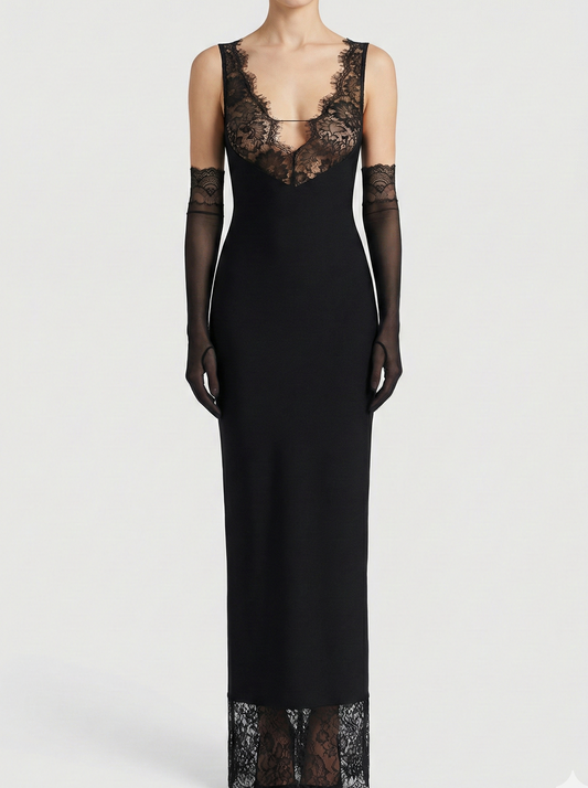 Lace Panel Maxi Dress – Elegant Evening Silhouette Dress for Women 0