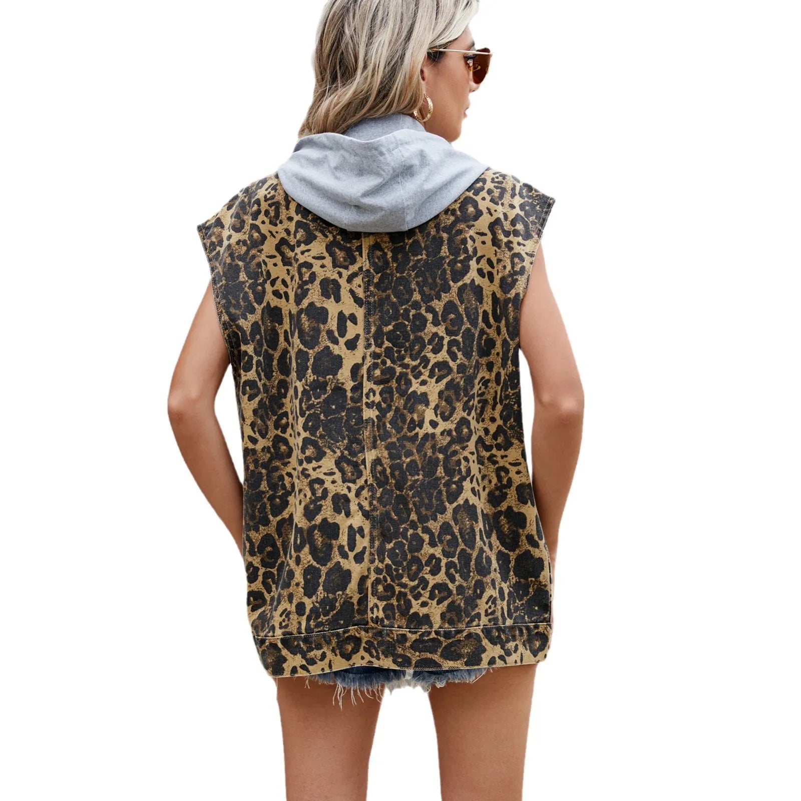 Leopard Print Waistcoat Women Washed Denim Vest Turn Down Collar Single Breasted Removable Hood Sleeveless Jacket Streetwear 4