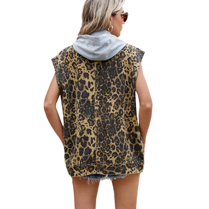 Leopard Print Waistcoat Women Washed Denim Vest Turn Down Collar Single Breasted Removable Hood Sleeveless Jacket Streetwear 4