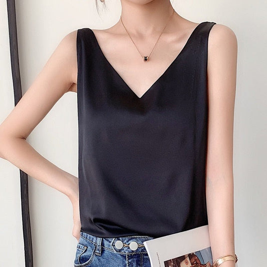Lily | Classic Relaxed Fit Satin Tank with V-Neck - Lumina 0