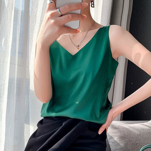 Lily | Classic Relaxed Fit Satin Tank with V-Neck - Lumina 1
