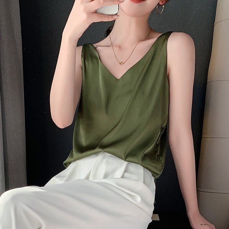 Lily | Classic Relaxed Fit Satin Tank with V-Neck - Lumina 2