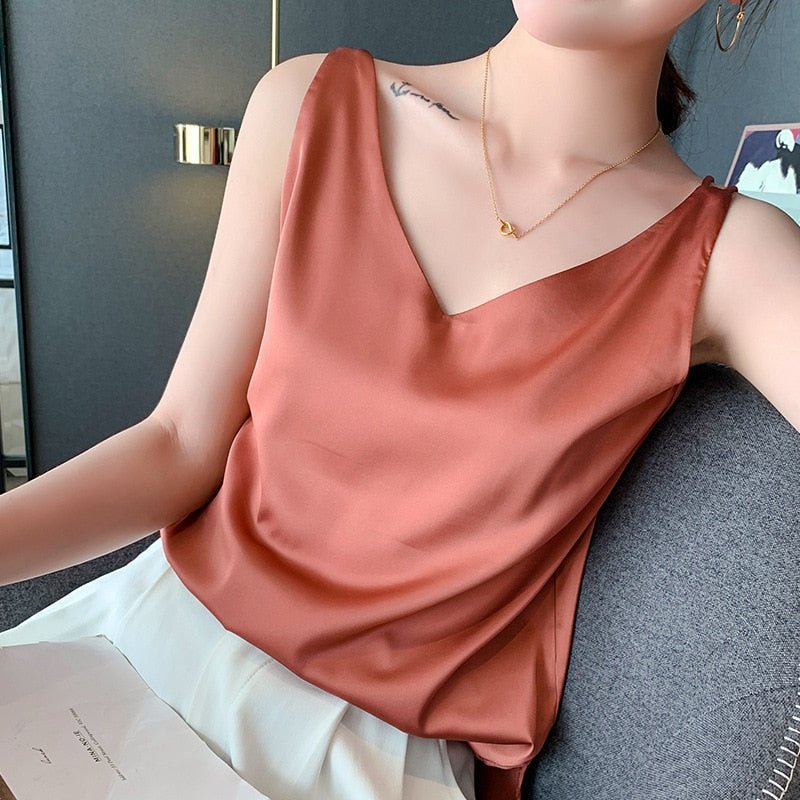 Lily | Classic Relaxed Fit Satin Tank with V-Neck - Lumina 3
