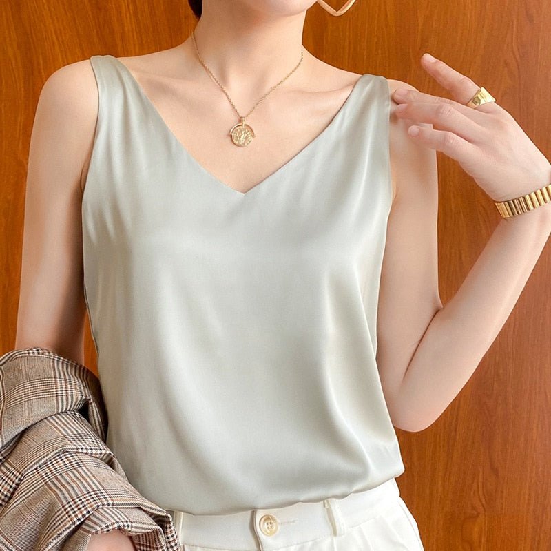 Lily | Classic Relaxed Fit Satin Tank with V-Neck - Lumina 5