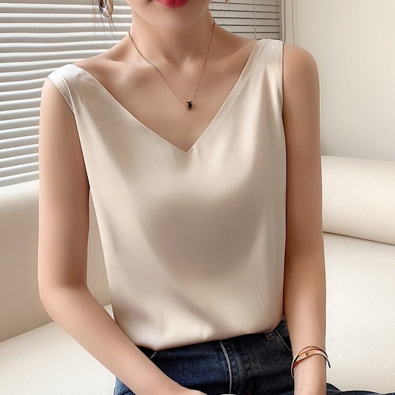 Lily | Classic Relaxed Fit Satin Tank with V-Neck - Lumina 6